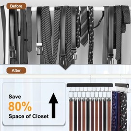 TOPIA HANGER 2 Pack 2 in 1 Belt Tie Hanger for Closet Max 60 Belts with 60 Ties Capacity, 40 Hooks Belt Tie Racks Wooden Hanger for Closet Organizer Storage “U” Fit Belt and “一” Fit Tie - CT52B
