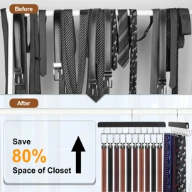 TOPIA HANGER 2 Pack 2 in 1 Belt Tie Hanger for Closet Max 60 Belts with 60 Ties Capacity, 40 Hooks Belt Tie Racks Wooden Hanger for Closet Organizer Storage “U” Fit Belt and “一” Fit Tie - CT52B