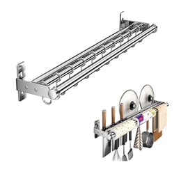 Hanging Wall Mount knife Wall Mount, Kitchen Organizer Storage Shelf for Utensils Spatula Spoon, Space-Saving Knife Rack with Hooks,Wall-Mounted Utensil Holder (Silver, 50CM+Three Poles+8Hooks)