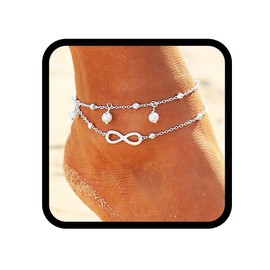Edary Boho Double Heart Crystal Anklet Vintage Pearl Necklace for Beach Also as Bracelet Jewellery for Women and Girls (Silver 6)