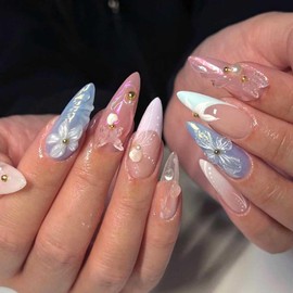 Foccna French Press on Nails Long Pearl Pink Fake Nails Almond Glossy 3D False Nail Tips Artificial Nails Finger Manicure for Women and Girls 24pcs