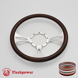 Flashpower 14'' Satin Billet Half Wrap 9 Bolts Steering Wheel with 2'' Dish and Horn Button(Walnut Wood)