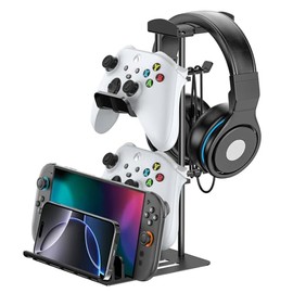 KDD Soporte Auriculares Gaming, Universal Soporte Control & Porta Cascos Mesa con Organizador de Cables, Gancho Controlador con Barra Apoyo de Aluminio para Switch Teléfono Accesorios Juego PC(Negro)