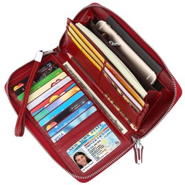 Lavemi Women's RFID Blocking 100% Leather Large Capacity Zip Around Wallet Phone Holder Clutch Travel Purse Wristlet(Large Size Deep Red)