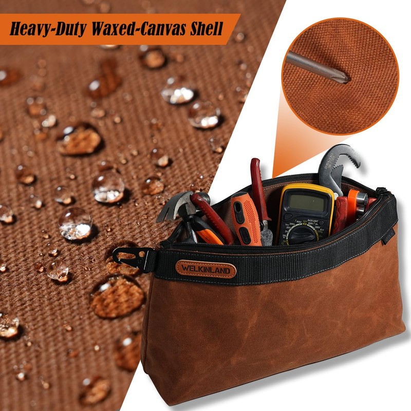 WELKINLAND 2-Pack Heavy-Duty Waxed Canvas Tool Pouches, 14-Inch Zippered Tool
