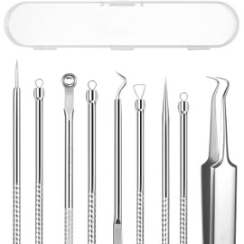 Juego de 5 extractores de comedones para quitar espinillas, herramientas profesionales de acero inoxidable para eliminar espinillas, acné y manchas, pinzas curvadas incluidas