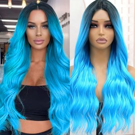 KINCYDU Long Bluish Green Wavy Wig Natural Looking Synthetic Heat Resistant Fiber Wig Bluish Green Middle Part Curly Wig For Daily Party Use For Women 26 Inch