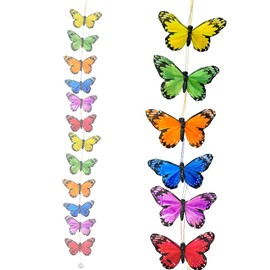 Colorful Butterfly Garland - Set of 12 String of Butterflies Decorations - Party Home Hanging Decor Spring Woodland Banner - Real Feathers - 44 Inches Long
