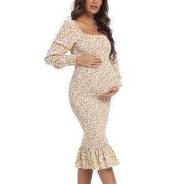 Maternity Spring Floral Midi Bodycon Dresses, Short Puff Sleeve Square Neck Ruffle Hem Mermaid Baby Shower Dress White Orange XL