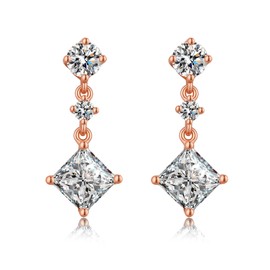 JiaYang Dangel Drop Earrings for Women 18K Rose Gold Simulated Diamond Stud Earrings Sterling Silver Square Cubic Zirconia Drop Earrings