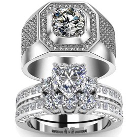2 Rings His and Hers Couple Rings Bridal Sets White Gold Plated Heart Cz Womens Wedding Ring Sets Man Wedding Bands