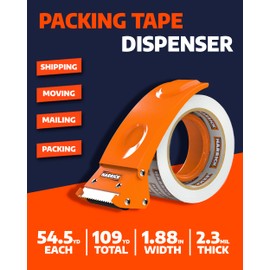 Clear Packing Tape with Dispenser 1.88 inch - Metal Strong & Durable Heavy Duty Packing Tape with Dispenser - Strong Strapping Tape with Dispenser Easy Tear & Seal - 2 Rolls / 1 Dispenser / 109 Yards