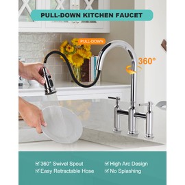 Bridge Faucet with Pull Down Sprayer: Brass Bridge Kitchen Faucet for 1 or 3 Hole - Chrome Two Handles 8 Inch Centerset Kitchen Sink Faucet for Farmhouse RV Laundry