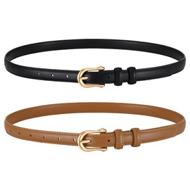 XZQTIVE 2Pack Women Skinny Leather Belt 0.7" Fashion Thin Belt with Gold Buckle for Jeans Pants Dress,Fits Waist Size 31"-36"(Black+Brown)