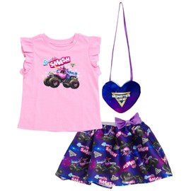 Monster Jam Sparkle Smash Toddler Girls Tank Top, Satin Skirt and Bag 3 Piece Outfit Set Pink/Purple 4T