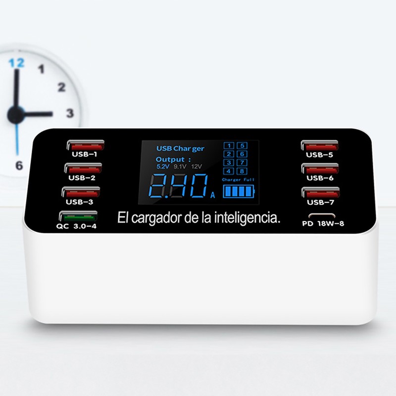 8-Ports Intelligent Charging Station LED Display Digital QC3.0 PD 60W