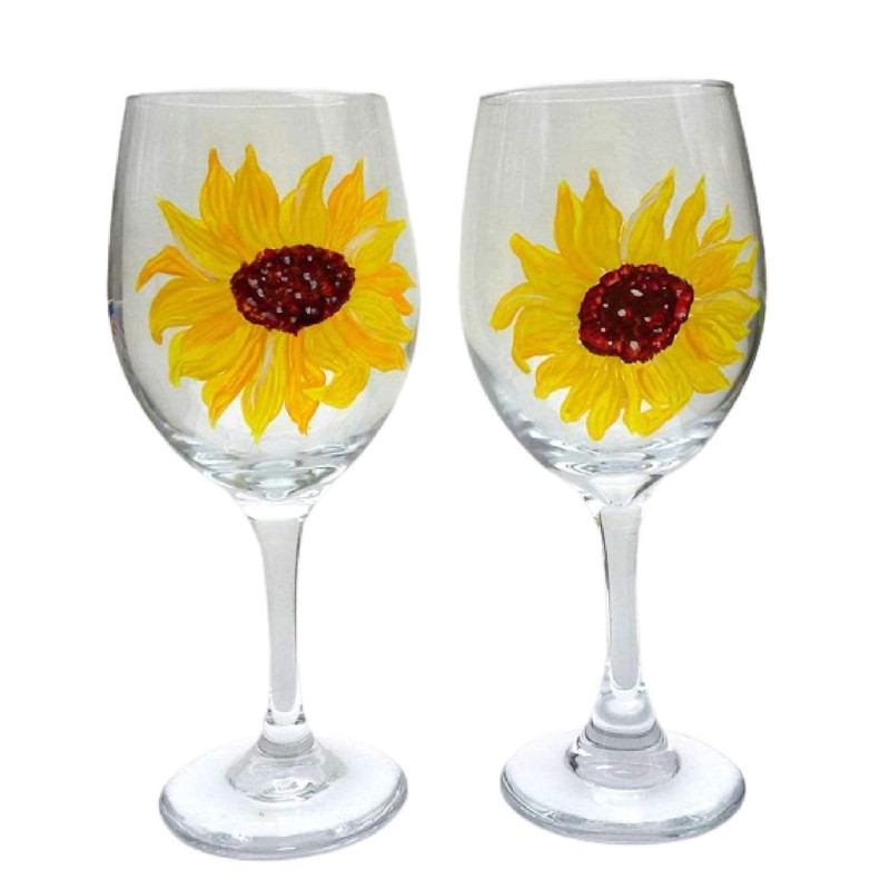 Yellow Sunflower Hand Painted Wine Glasses Set of 2 Fall