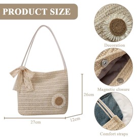YingStar Holiday Beach Bag for Women Summer Straw Shoulder Bag Ladies Straw Beach Handbag Hand Woven Crossbody Bag with Decorative Flowers Small Straw Tote Handbag for Travel Vacation (sunflower)