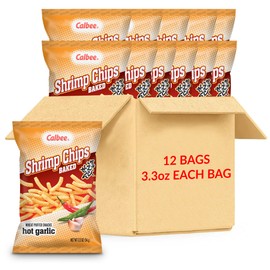 Calbee Shrimp Chips (Hot Garlic, 4.0 oz) | Japanese Chips Made With Real Wild-Caught Shrimp & Baked To Crunchy Perfection | Indulge In Irresistible Shrimp Flavoured Chips (12 Pack)