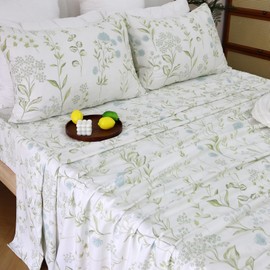 Helthep Floral Sheet Set Queen, 100% Cotton Green Botanical Pattern Sheets Blue Flower Printed Sheet Shabby Vintage Bedding with 17.5" Deep Pocket, 4Pcs Luxury Soft Bedding for Queen Size Bed