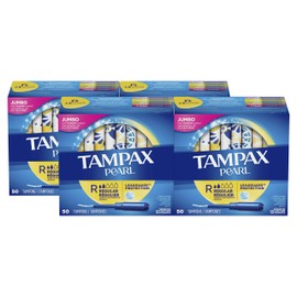 Tampax Pearl Tampons with Plastic Applicator, Regular Absorbency, 50 Count, Pack of 4 (200 Count Total)