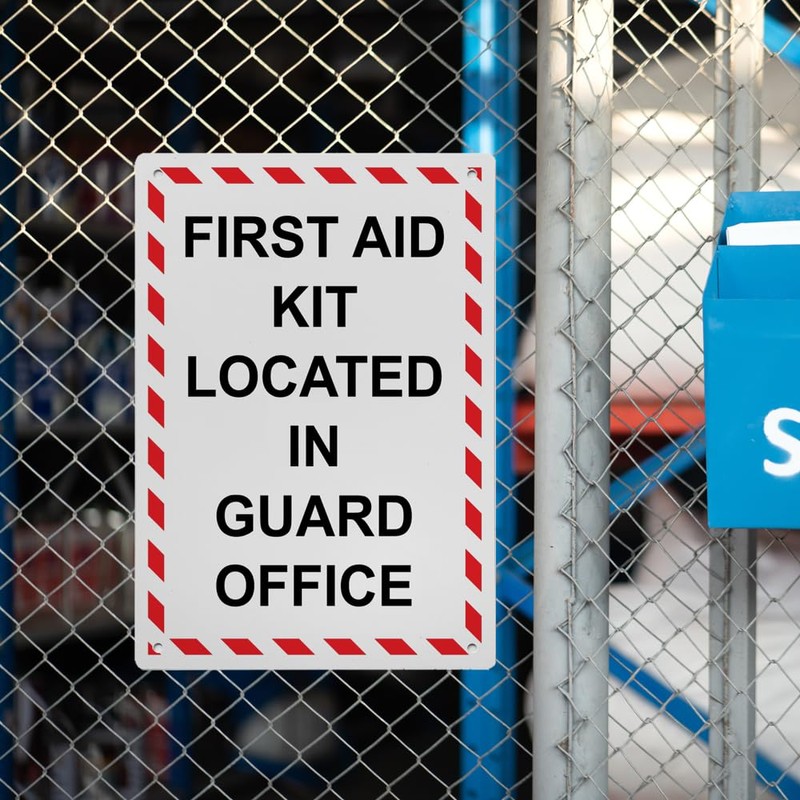 First Aid Kit Located In Guard Office Sign, 8.5 x