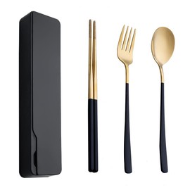 Portable Stainless Steel Flatware Set, Travel Camping Cutlery Set, Portable Utensil Travel Silverware Dinnerware Set with Cover- Spoon, Fork, Chopstick- Golden (Gold)