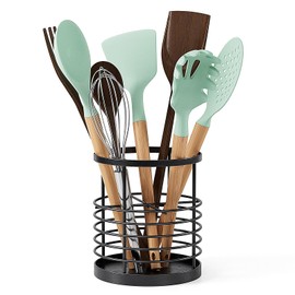 WDT Tool Utensil holder for Kitchen Counter - 5.2" x 5.2" x 6" Large Round Utensils Holder with Wooden Base Matte Black Cooking Utensil Holder，Kitchen countertop Utensil Organizer (Metal-1)