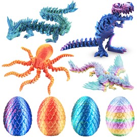 Abitoncc 4 PCS 3D Printed Dragon, Dinosaur, Octopuses in Eggs, Mythical Pieces 3D Printed Eggs with Dragon Inside for Home Office Decor Easter Activities for Kids