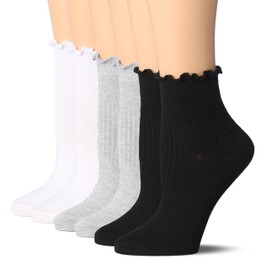 Tipi Toe Womens 6 Pairs White/Grey/Black Turn-Cuff Solid Lettuce Edge Lightweight Quarter Length Ruffle Socks, 1128-H-6