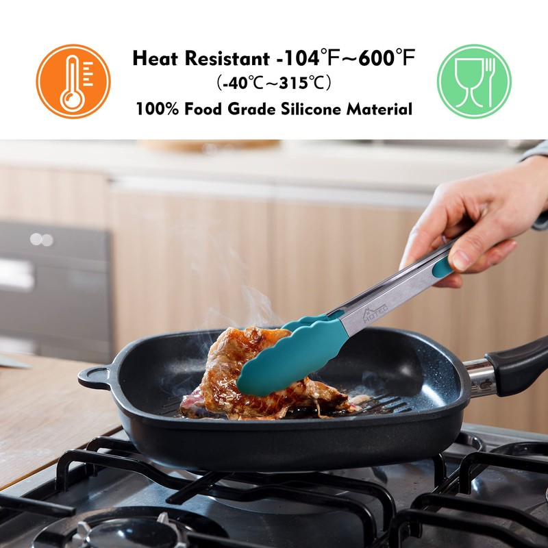HOTEC Premium Stainless Steel Locking Kitchen Tongs with Silicon Tips,