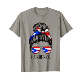 Puerto Rico Shirt Girls Women, Messy Bun Puerto Rican Flag T-Shirt