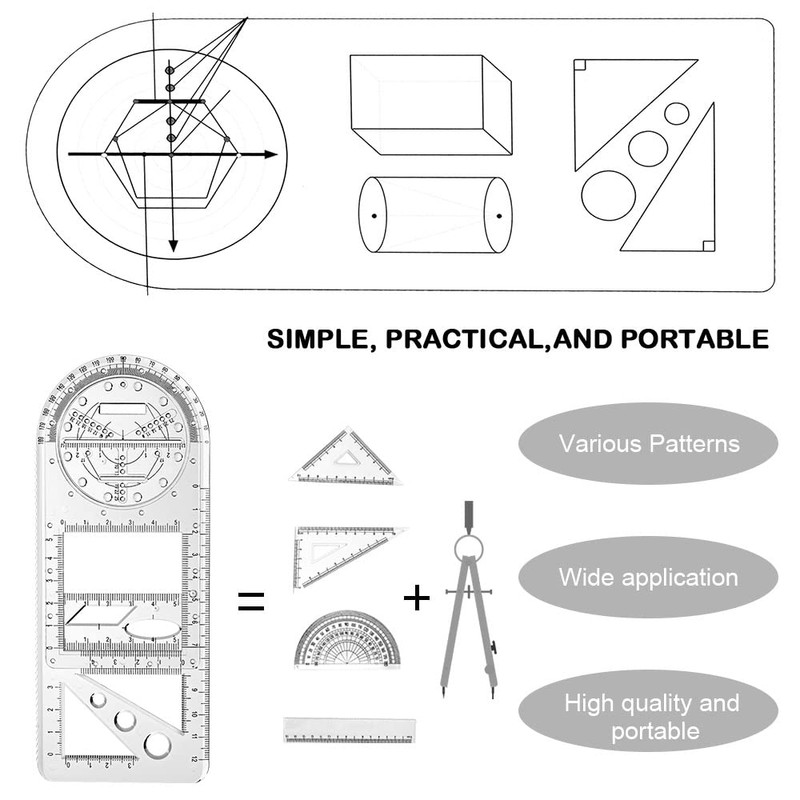 Vicloon Multifunctional Geometric Ruler, Drawing Template Measuring Tool Plastic Measuring