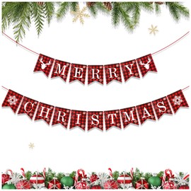 Merry Christmas Banner Plaid Christmas Banners Sign for Christmas Decorations Indoor Fireplace Wall Window Office Home Holiday Xmas Party Decor