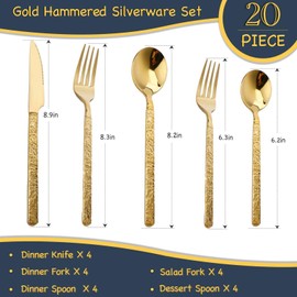 20-Piece Gold Silverware Set, Hammered 18/10 Stainless Steel Flatware Set for 4, Food-Grade Cutlery Set, Tableware Set Including Fork Knife Spoon Set,Dishwasher Safe