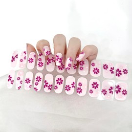 LIFOOST Pink Flowers Gel Nail Stickers Beige Color Nail Strips 22 Pcs Self Adhesive Full Wraps Manicure Decoration Accessories