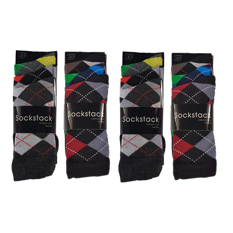 Sockstack® 12 Pairs Of Men's Argyle Diamond Designer Socks, Cotton