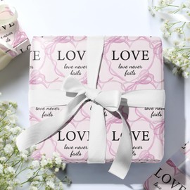 LeZakaa Wedding LOVE Wrapping Paper Roll, Pink Bow, Heart,Love Never Fails Text Gift Wrap for Wedding, Bridal Shower, Engagement, Anniversary, Valentine's Day, Pink, Mini Roll, 17 inches x 16.4 Feet