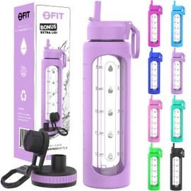 FIT Strong & Healthy 32 oz Glass Water Bottle with Time Marker & Silicone Sleeve - w/Handle & 2 Leakproof Lids Straw & Spout Lid, Wide Mouth, BPA Free 1 Liter Motivational Drinking Bottle, Lavender