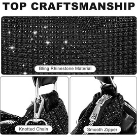 Women's Glitter Diamond Evening Clutch Purse Top Handle Zip Lock Double Sided Diamond Chain Crossbody Wedding Party Handbag Black