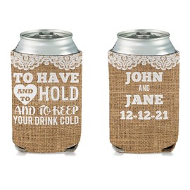 VictoryStore Can and Beverage Coolers: Custom Rustic Burlap To Have And To Hold Wedding Can Coolers (50)