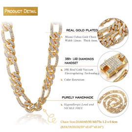 Halukakah Men's Gold Chain Iced Out, 12 mm Cuban Chain Miami 18 Carat Real Gold-Plated / Platinum Plated White Gold Collar Necklace Bracelet, Full CZ Diamond Prong Set, Gift for Him, Gold Plated