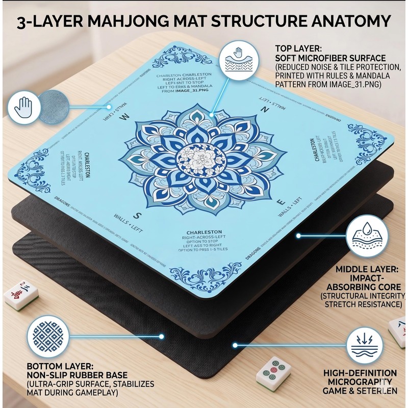 Blue Mahjong Mat for Table 3 Layer Thickened Non-Slip Noise