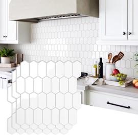 Vamos Tile Upgraded Thicker Design Peel and Stick Backsplash Tile, 10-Sheet Pure White with Gray Grout Long Hexagon Self Adhesive Wall Tiles Stick On Backsplash for Kitchen Bathroom RV Fireplace