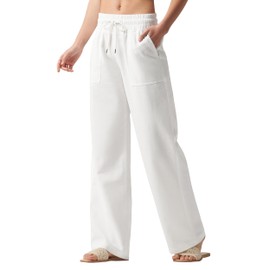 AVICHIC Women Linen Pants Wide Leg Palazzo Pants Cotton Linen Drawstring Summer Pants with Pockets White XXL 29"