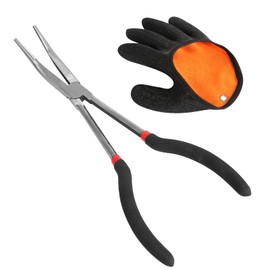 DELAESI Fishing Pliers Curved 28 cm Hook Remover Fishing Hook Removal Pliers with 1 Right Hand Fishing Gloves Long Fishing Pliers Fishing Accessories for Catching Predatory Fish Used