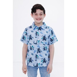 Godzilla Big Boys Matching Family Hawaiian Button Down Dress Shirt Blue 16