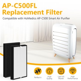 C500FL True HEPA Replacement Filter Compatible with Homedics AP-C500 AP-C550 Smart Air Purifier, 3-In-1 Filter, Efficiency Activated Carbon, AP-C500FL, 2-Pack