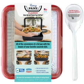 Fancy Panz Classic, Serving Tray for Food, Made in the USA Foil Pan Carrier, Stackable Aluminum Pan Holders with Clear Lid, Travel Casserole Carrier With 1 Disposable Foil Pan & Serving Spoon, Red
