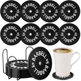 Blushtier 8 Pcs Barbell Bumper Plate Cool Coasters Black Round Silicone Coasters Weight Plate Coaster with Rack Holder for Gym Decoration Gifts for Gym Lovers Gym Accessories Gifts